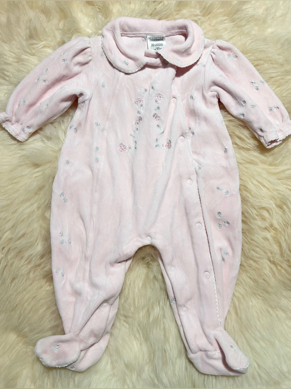 Vintage Minibasix Soft Pink Floral Baby One-Piece Footed Jumpsuit embroidered - Picture 1 of 4